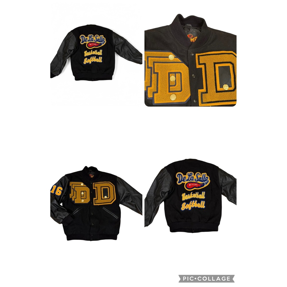 De‎ La Salle Meteors Basketball Softball Varsity Jacket Black Leather Gold sz S